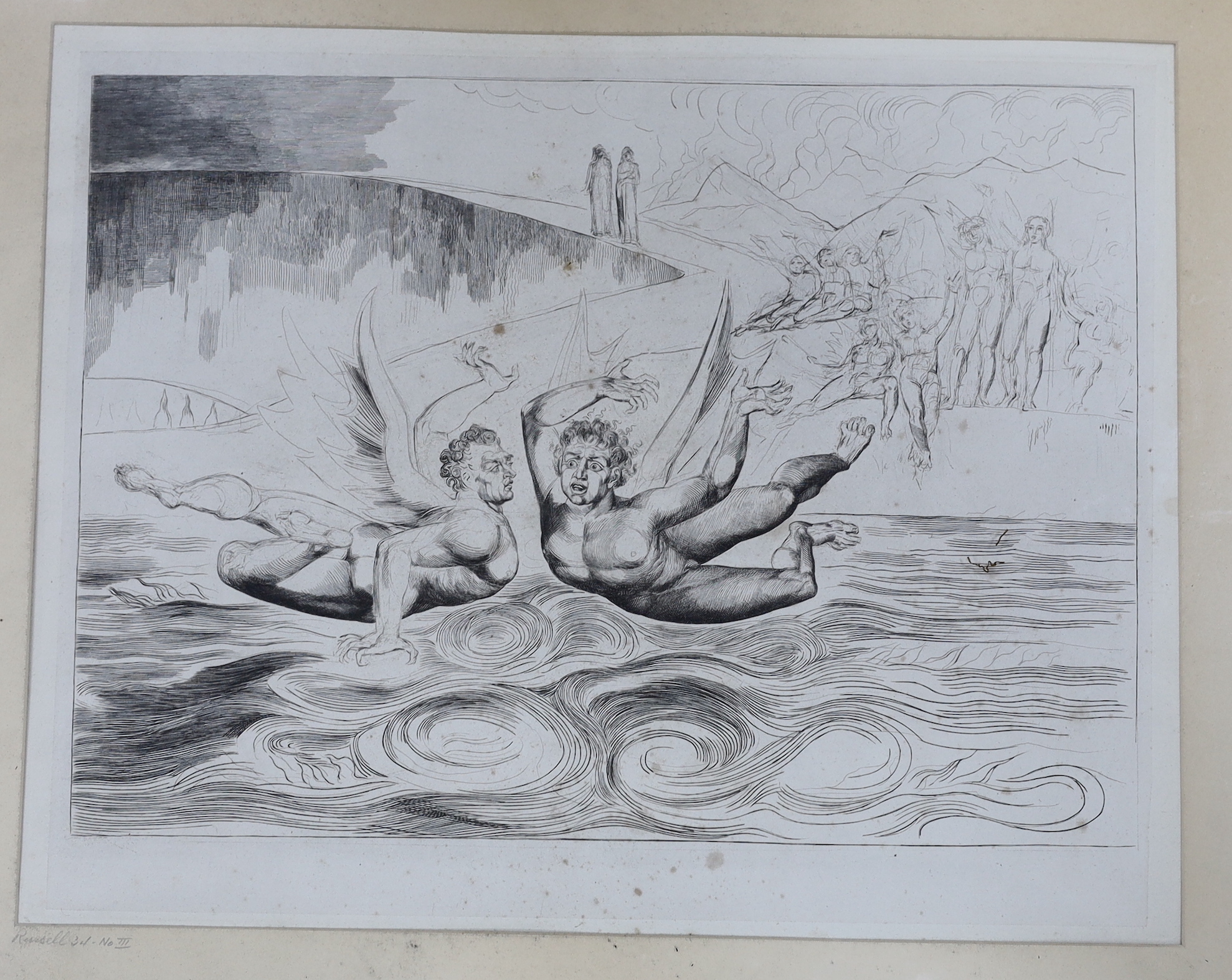 After William Blake (1757-1827), three engravings, comprising The Circle of the Lustful Paolo and Francesca, Devils mauling each other and Buoso Donati Attacked by the Serpent, one inscribed in pencil to the mount, 29 x